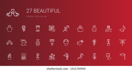 beautiful icons set. Collection of beautiful with rose, dolphin, tulips, flower, vase, cactus, pigeon, bouquet, dress, love birds, purse. Editable and scalable beautiful icons.