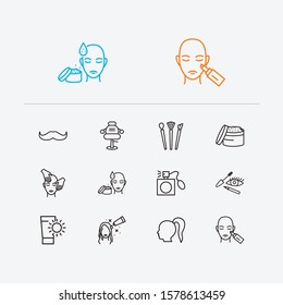 Beautiful icons set. Highlighter and beautiful icons with face scrub, ponytail hair and brush set. Set of medical for web app logo UI design.