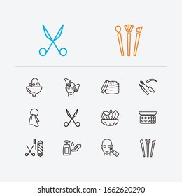 Beautiful icons set. Scissors and beautiful icons with face massage, brush set and barbershop. Set of fresh for web app logo UI design.