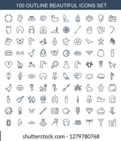 beautiful icons. Trendy 100 beautiful icons. Contain icons such as make up bag, dancing woman, dragonfly, skirt, hairstyle, dandelion, perfume. beautiful icon for web and mobile.