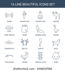 beautiful icons. Trendy 16 beautiful icons. Contain icons such as heart, Casino girl, moose, baby onesie, skirt, woman shoe, goose, woman hat. beautiful icon for web and mobile.