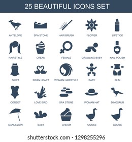 beautiful icons. Trendy 25 beautiful icons. Contain icons such as antelope, spa stone, hair brush, flower, lipstick, hairstyle, cream, female. beautiful icon for web and mobile.