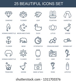 beautiful icons. Trendy 25 beautiful icons. Contain icons such as diamond, flower, leaf, fountain, hairstyle, woman hairstyle, moon and stars. beautiful icon for web and mobile.
