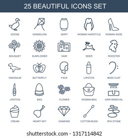 beautiful icons. Trendy 25 beautiful icons. Contain icons such as goose, dandelion, skirt, woman hairstyle, woman shoe, bouquet, sunflower. beautiful icon for web and mobile.