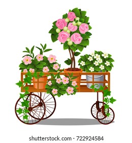Beautiful idea landscape design. Garden decor in the form of vintage cart on wheels decorated with fresh potted flowers and ornamental plants isolated on white background. Vector cartoon close-up.