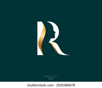 Beautiful idea silhouette of a woman head with letter R for logo and symbol. Vector