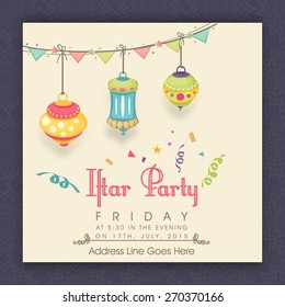 Beautiful Iftar party celebrations, Invitation card design with hanging colorful lanterns on beige background in the Islamic holy month of prayers, Ramadan Kareem.