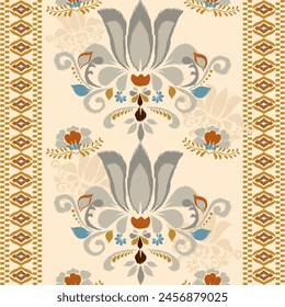 Beautiful Ikat floral embroidery pattern on white background.   African tribal Ikat traditional pattern. Aztec style,embroidery,abstract,vector,illustration,design for texture,fabric,carpet,vector 