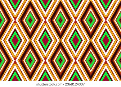 Beautiful Ikat Paisley pattern on a purple background. Yellow white black brown green geometric traditional seamless pattern. Abstract vector Aztec design for textures, fabrics, clothing, wraps, rugs.