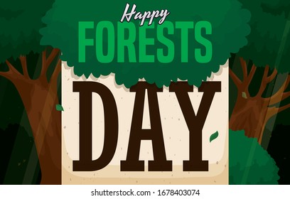 Beautiful illuminated forest with light gaps and a recycled paper reminding and wishing at you a happy Forests Day.