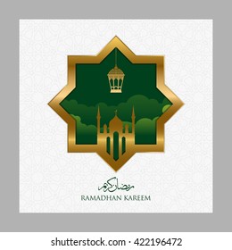 Beautiful Illuminated gold lamp or lantern design on cute background for holy month Ramadan Kareem with simple mosque. Good for greeting card.