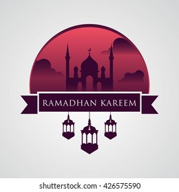 Beautiful Illuminated lamp or lantern design on cute background for holy month Ramadan Kareem with simple mosque. Good for greeting card and banner.