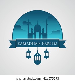 Beautiful Illuminated lamp or lantern design on cute background for holy month Ramadan Kareem with simple mosque. Good for greeting card and banner.
