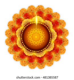 Beautiful illuminated Oil Lamp (Diya) on creative rangoli, Traditional Indian Festival background, Elegant Greeting card design for Happy Diwali celebration.