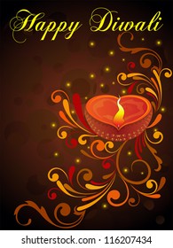 Beautiful illuminating Diya on artistic brown background  with floral  for Hindu community festival Diwali in India. EPS 10.