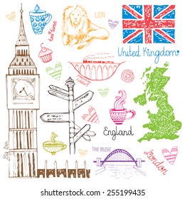 Beautiful illustration about the UK  Hand  drawn characters UK: Lion  Big Ben  map  tea  tea party   viaduct  tyne bridge  For packaging design  fabric  postcards  section about the UK 