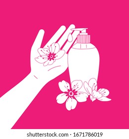 Beautiful illustration about "wash hands"with hand, aroma and fragrant liquid soap and flowers. Color vector illustration how to avoid the virus, infection, disease and pandemic.