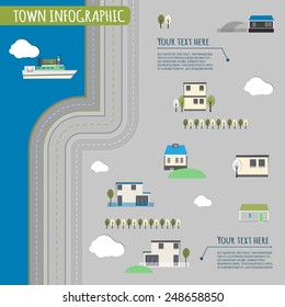 Beautiful illustration of abstract seashore town infographics. Vector image.