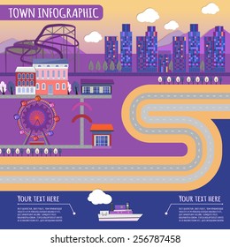 Beautiful illustration of abstract violet town infographics with amusement park elements. Vector image.