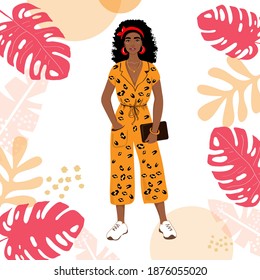 Beautiful illustration with african american girl and tropical leaves on a white background. Concept fashion woman