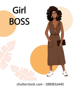 Beautiful illustration with african american girl, tropical leaves and the inscription girl boss. Office worker concept on a white background