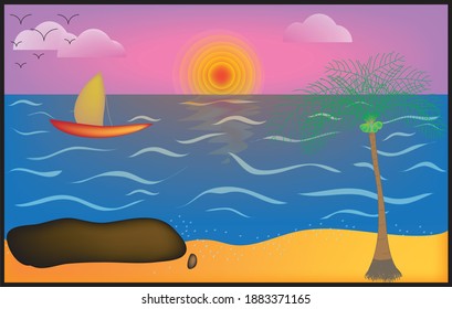 beautiful illustration art of sunset beach, Palm trees on the sea beach. Ocean sunset, Sunrise and sunset with blue sea and orange sky,golden hour,summer beach,paper art,paper cut,digital craft style