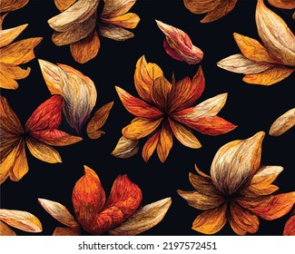 A beautiful illustration of autumn leaves and flowers on a black background.