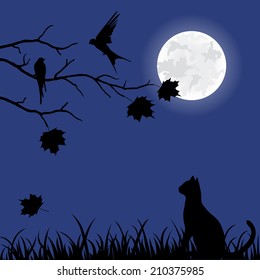 Beautiful  illustration  with autumn leaves, tree and cat on  blue background 
