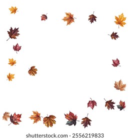 Beautiful illustration of autumn leaves in various colors and shapes, perfect for seasonal designs, invitations, and decorations. Captures the essence of fall with vibrant and detailed leaf patterns.