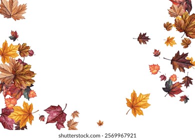 Beautiful illustration of autumn leaves in various colors and shapes, perfect for seasonal designs, invitations, and decorations. Captures the essence of fall with vibrant and detailed leaf patterns.