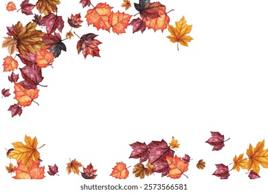 Beautiful illustration of autumn leaves in various colors and shapes, perfect for seasonal designs, invitations, and decorations. Captures the essence of fall with vibrant and detailed leaf patterns.