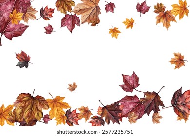 Beautiful illustration of autumn leaves in various colors and shapes, perfect for seasonal designs, invitations, and decorations. Captures the essence of fall with vibrant and detailed leaf patterns.