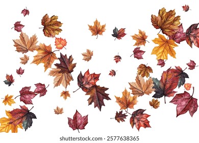 Beautiful illustration of autumn leaves in various colors and shapes, perfect for seasonal designs, invitations, and decorations. Captures the essence of fall with vibrant and detailed leaf patterns.