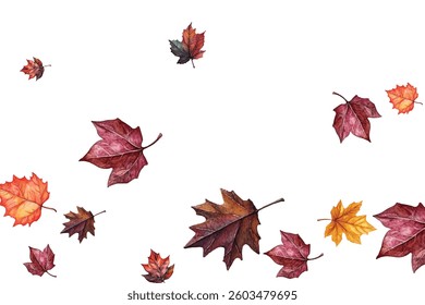 Beautiful illustration of autumn leaves in various colors and shapes, perfect for seasonal designs, invitations, and decorations. Captures the essence of fall with vibrant and detailed leaf patterns.