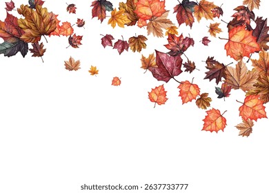 Beautiful illustration of autumn leaves in various colors and shapes, perfect for seasonal designs, invitations, and decorations. Captures the essence of fall with vibrant and detailed leaf patterns.