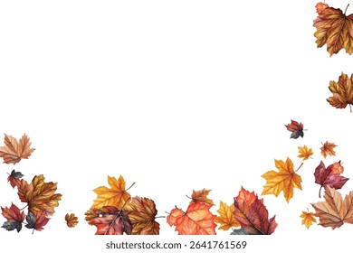 Beautiful illustration of autumn leaves in various colors and shapes, perfect for seasonal designs, invitations, and decorations. Captures the essence of fall with vibrant and detailed leaf patterns.