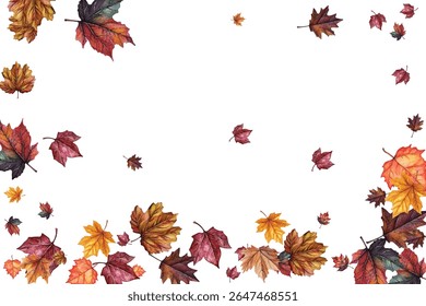 Bela ilustração de folhas de outono em várias cores e formas, perfeito para desenhos sazonais, convites e decorações. Captura a essência da queda com padrões de folhas vibrantes e detalhados.