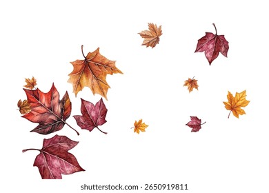 Bela ilustração de folhas de outono em várias cores e formas, perfeito para desenhos sazonais, convites e decorações. Captura a essência da queda com padrões de folhas vibrantes e detalhados.