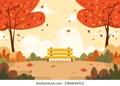 Beautiful illustration of autumn scenery with garden chair in the park. Autumn landscape vector illustration