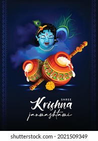 Beautiful Illustration of Bal Krishna and Dahi Handi, Traditional Poster Design for Hindu Festival Shree Krishna Janmashtami.