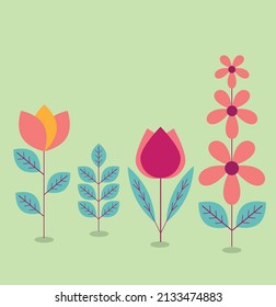 beautiful illustration of basic flowers. blossom. five petals, leaves, tulip