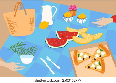 beautiful illustration of a beach picnic with fruits, soft drinks, pizza. Friendly party on the beach. Hand drawn illustration for poster, invitation