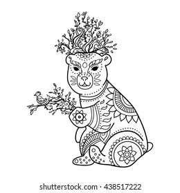 Beautiful illustration bear for design, print clothing, stickers, tattoos, Adult Coloring book. Hand drawn animal illustration. 