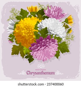 Beautiful illustration with bouquet of chrysanthemum on grunge background. Vintage design elements.