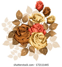 Beautiful illustration with bouquet of roses isolated on white background. Vintage design elements. 