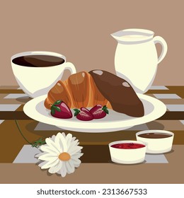 Beautiful illustration of breakfast with coffee and croissant