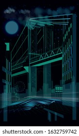 A beautiful illustration of the Brooklyn Bridge is made in neon, modern style, night landscape. EPS 10