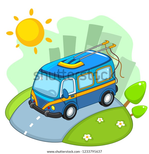 A beautiful\
illustration for children to study transport or design, a\
trolleybus is driving along the city\
road.