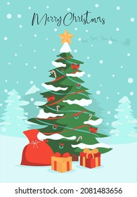 Beautiful illustration of a Christmas tree with toys in the snow and gifts under it with the inscription Christmas greetings