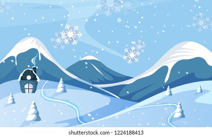 Beautiful illustration Christmas winter landscape background. Christmas forest woods with mountains. New Year 2019 vector greeting card